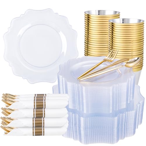 COLOSUS 350pcs Clear Plastic Plates Disposable Gold Cutlery Dinnerware set for party: 50 Dinner Plate, 50 Dessert Plate, 50 Per Rolled Napkins with Gold Silverware, 50 Cups 9 OZ for Thanksgiving - color: Clear