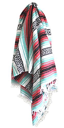 Del Mex Classic Mexican Blanket, Large Authentic Woven Falsa Throw (70"x50"), Artisan Southwest Décor for Beach, Yoga, Outdoors (Pink/Mint) - color: Pink/Mint