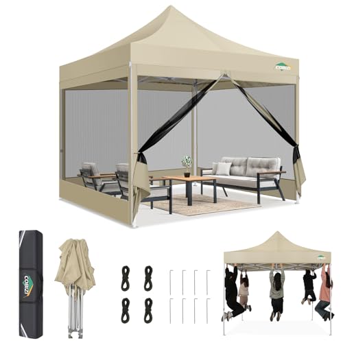 COBIZI 10x10 Canopy Tent, Heavy Duty Pop up Canopy with Sidewalls, Waterproof Easy Setup Canopy with Mosquito Netting, Outdoor Instant Screen Tents for Parties, Wedding, Backyard with Carry Bag, Khaki - color: Khaki, size: 10x10FT