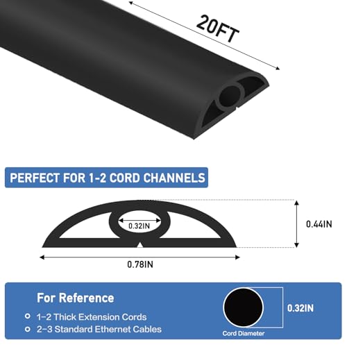 Floor Cord Cover Self Adhesive Cord Hider Floor Extension Cord Covers for Floor Power Cord Protector Cable Management Prevent Cable Trips Cable Cavity 0.32" W x 0.32" H (Black, 20Ft) - color: Black, size: 0.79" x 20'