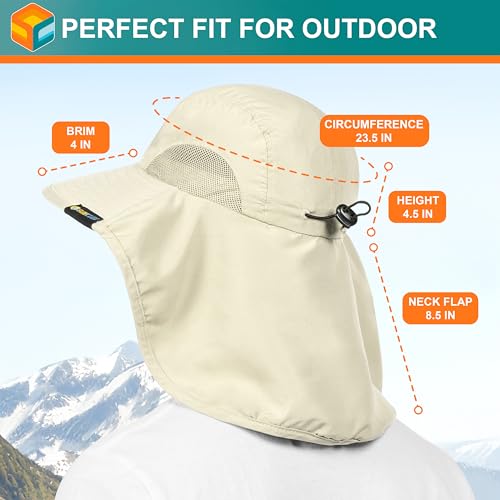 SUN CUBE Wide Brim Sun Hat with Neck Flap, UPF50+ Hiking Safari Fishing Hat for Men Women, Sun Protection Beach Hat - color: Beige