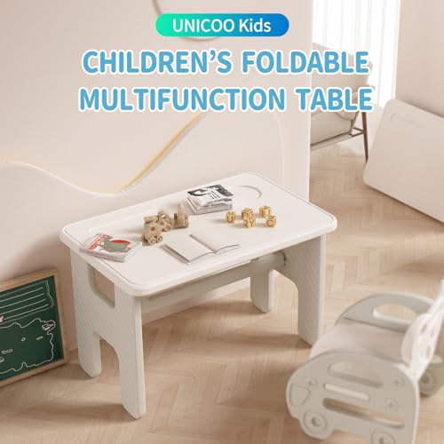 UNICOO Kids Folding Table, Toddler Activity Table for Study, Snack, Art Craft and Play, Portable Plastic Children's Table for Small Spaces, Home and Playroom - color: White & Gray