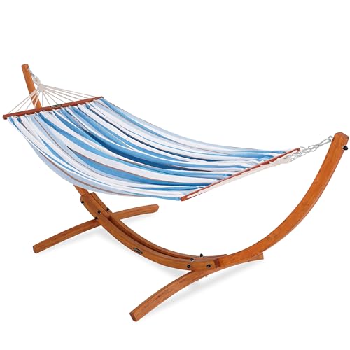 Lazy Daze Hammocks Cotton Fabric Spreader Bar Hammock and 10.5 Ft Wood Arc Hammock Stand Combo, for Indoor, Outdoor, Patio, Backyard, Blue and White - color: Blue and White