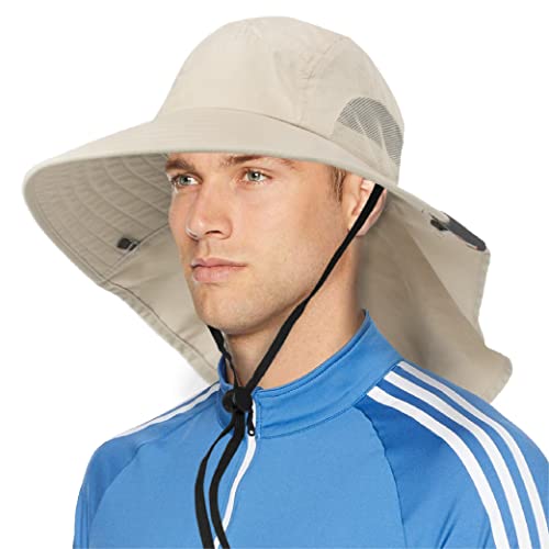 SUN CUBE Wide Brim Sun Hat with Neck Flap, UPF50+ Hiking Safari Fishing Hat for Men Women, Sun Protection Beach Hat - color: Beige