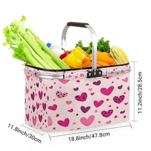Leopard Love Heart Picnic Basket Large Collapsible Market Baskets Portable Reuasble Shopping Bags with Handles for Camping Beach Travel - color: Black
