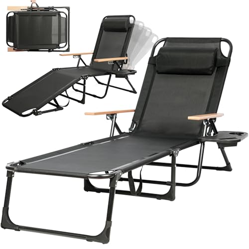 Outdoor Chaise Lounge Chair with 4-Position Adjustable Backrest, Patio Folding Sun Tanning Chair, Pillow & Cup Holder, Portable Recliner Sunbathing Lounger Chairs for Pool Beach Lawn Garden (Black) - color: Black