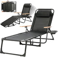 Outdoor Chaise Lounge Chair with 4-Position Adjustable Backrest, Patio Folding Sun Tanning Chair, Pillow & Cup Holder, Portable Recliner Sunbathing Lounger Chairs for Pool Beach Lawn Garden (Black) - color: Black