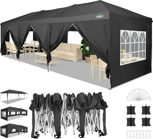 COBIZI Canopy 10x30 Pop Up Canopy Tent with 8 Sidewalls Party Tents for Parties Wedding Backyard Waterproof Outdoor Commercial Event Tent with Stakes, Ropes, Sandbags, Black - color: BLACK, size: 10x30ft With 8 Sidewalls