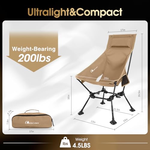 MOON LENCE High Back Folding Camping Chairs, Adjustable Height Beach Chair with Anti-Sinking Feet & Widened Seat (Khaki) - color: New Khaki With Feet 1 Pack