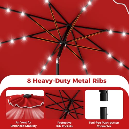 Tangkula 10 FT Solar Patio Umbrella with Base Included, 2-Tiers Outdoor Scalloped Table Umbrella with 32 LED Lights, 2 Sandbags, Tilt Adjustment, Crank, 8 Ribs for Market Backyard Pool Deck Beach Lawn (Red, 10 FT) - color: Red, size: 10 FT