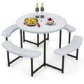 Byroce 8-Person Picnic Table for Outdoors, HDPE Picnic Table Set with 4 Benches, Umbrella Hole & Metal Frame, Heavy Duty Round Dining Table Chairs for BBQ Party in Patio, Yard & Poolside (White) - color: White