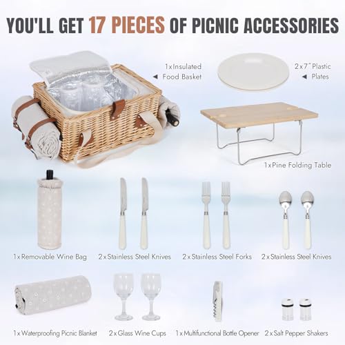 HappyPicnic Picnic Basket for 2, Handmade Wicker Picnic Set with Folding Table and Waterproof Blanket, Large Insulated Picnic Basket with Wine Bag & Cutlery Kit for Picnic, Camping, Holidays (Flower) - color: White Flower, size: 2-person set