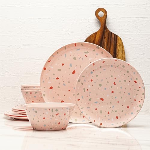 Bzyoo 12-Piece Melamine Dinnerware Set - Confetti Pink Plates and Bowl Lightweight BPA-Free Dishwasher Safe Dish Set for Indoor & Outdoor Use - Perfect for Camping, BBQs, Kids Parties - color: Pink Confetti
