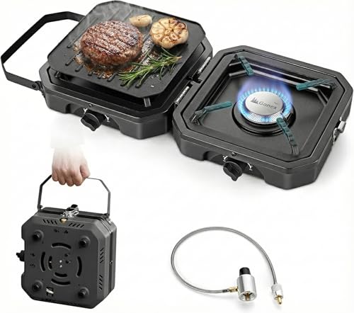 Gonex 2 Burner Propane Camping Stove with Griddle & Grates, Portable Foldable Cooking Stove with Total 16,000 BTU, Two Piezo Ignition Adjustable Burners for Camping, Patio, Emergency, Hiking (Black) - color: Black