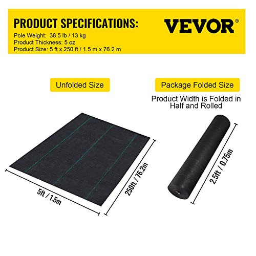 VEVOR Weed Barrier Landscape Fabric, Heavy Duty 5x250FT 5oz Woven Garden Fabric Weed Barrier, Weed Control Fabric Ground Cover, Geotextile Fabric, Weed Block Gardening Mat, Driveway Fabric Landscaping - size: 5FT*250FT-5OZ, style: Woven