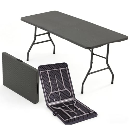 6FT Heavy Duty Folding Table,Fold-in-Half Portable Plastic Table with Carry Handle, Rattan-Pattern HDPE Tabletop,Indoor Outdoor Utility Table for Watch Party,Tailgate,BBQ,Events, Backyard Dining–Brown - color: Brown-rattan, size: 6FT
