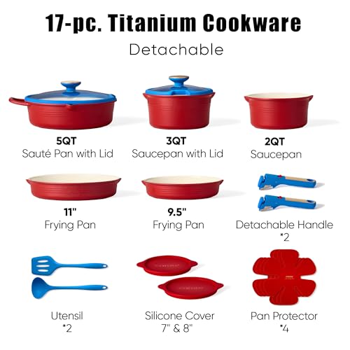 CAROTE 17Pcs Titanium Cookware Set, Pots and Pans Set Non Stick, Kitchen Cooking Set with Detachable Handle, Non Toxic Induction Cookware, Dishwasher/Oven Safe，Memphis Design - color: Memphis Design