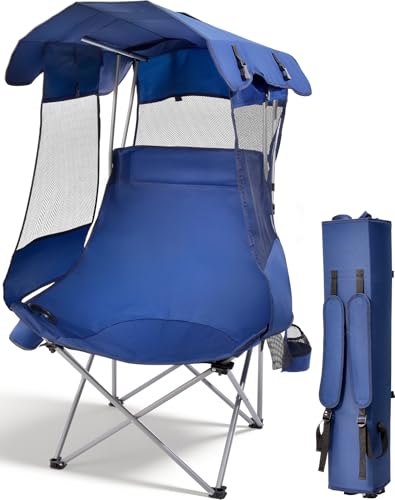 East Oak Oversized Camping Chair with Canopy | 400 LBS Heavy Duty Folding Beach Chair with Canopy Shade, Roomy Seat, Full Sun Protection, Ample Storage | Canopy Chair for Outdoors - color: Blue, style: Oversized Chair