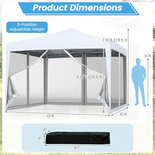Tangkula 10x10 Ft Pop Up Canopy with Netting, Easy Up Outdoor Tent with Mesh Sidewalls, Carrying Bag, Adjustable Height, Portable Canopy Tent for Parties Events Camping Travel - color: White