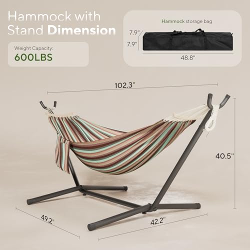 600lbs Hammock with Stand for Outside, 2 Person Portable Hammock with Side Storage, Carrying Bag, Expend Wooden Bar for Outdoor or Indoor (Dark Rainbow) - color: Dark Rainbow