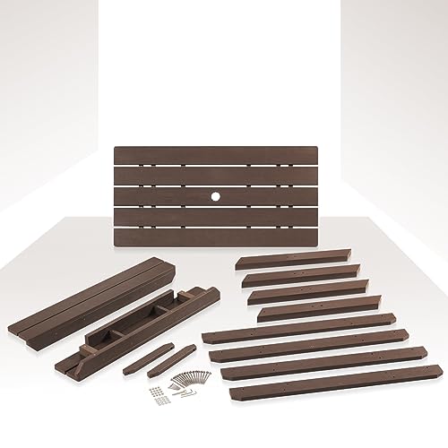 Psilvam Picnic Table with Benches, Heavy Duty Poly Lumber with Umbrella Hole, Weather & UV Resistant Outdoor Picnic Bench Table with Umbrella Hole（Dark Brown）
