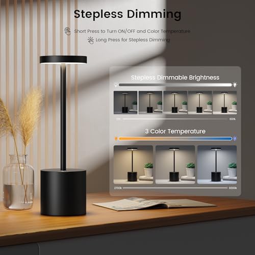 SAKRINGT Cordless Table Lamp Rechargeable,5000mAh Battery Operated Portable LED Table Light,Dimming Desk Lamp for Patio/Restaurant/Outdoor - color: Black