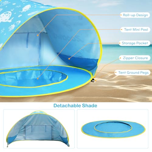 Baby Beach Tent, Pop Up Beach Tent Sun Shade for Beach, Portable Shade Pool UV Protection Sun Shelter for Infant with Beach Sand Toys Set - color: Patterned Blue