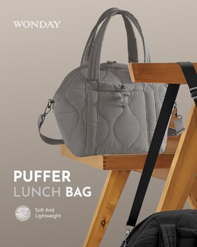 WONDAY Insulated Lunch Bags for Women, 12L Puffy Lunch Tote with Shoulder Strap, Waterproof, Leakproof, Reusable, Keeps Food Fresh, Perfect for Work, Travel, Picnic - color: Gray