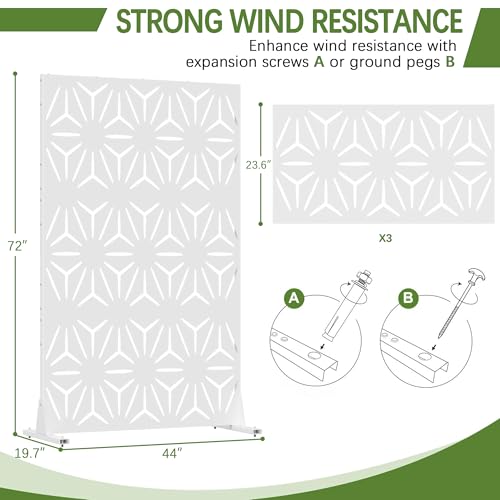 Cofar Metal Privacy Screen Outdoor 72" H×44" W -White Freestanding Outdoor Privacy Panels with Stand, Decorative Fence for Patio, Deck, Balcony（Floral） - style: 3-Panels Floral_White
