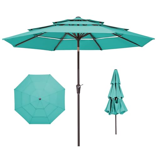 JEAREY 9FT 3 Tier Patio Umbrella Outdoor Market Umbrella Table Umbrellas with 8 Ribs 1.5 Pole Push Button Tilt and Crank UV Protection for Garden,Peacock Blue - color: Peacock Blue