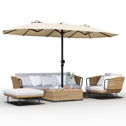 GDPFN 15FT Large Patio Umbrella, Outdoor Deck Standing Umbrella with Crank Handle, Double-Side Rectangular Pool Umbrella for Outside, Market, Patio, Beige (Base Not Include) - color: Beige, size: No Base&led