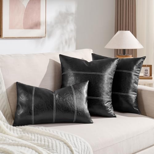 Fancy Homi 2 Packs Black Boho Faux Leather Decorative Throw Pillow Covers 18x18 Inch for Living Room Couch Bed Sofa, Rustic Modern Farmhouse Home Decor, Hand Stitched Square Cushion Case 45x45 cm - color: Black, size: 18" x 18" (Pack of 2)