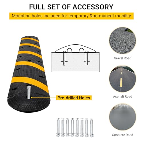 7FT Rubber Speed Bumps 2 Pack, Heavy Duty Traffic Speed Humps for Road, Driveway,Parking Lot, 66000 LBS Capacity, with 4 End Caps,8 Concrete Bolts - size: 6ft