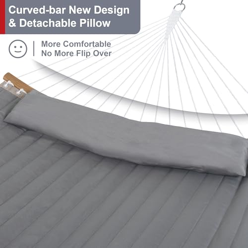 Outdoor Hammock with Stand Included, Heavy Duty Hammock with Curved Spreader Bar, Pillow and Portable Bag, 450 Lbs Capacity, Grey - color: Grey