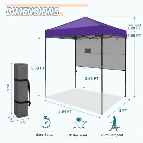 EAGLE PEAK 6x4 Instant Pop Up Canopy Tent with 1 Half Wall Panel, Straight Leg Sun Shelter, Portable Canopy with Carry Bag for Camping, Beach & Sports, Purple - color: Purple, size: Half Wall