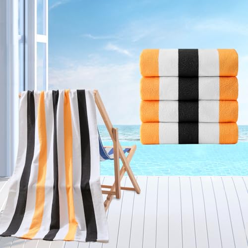 Beach Towel Set-4 Pack 30"x60" Sand Free Stripe Beach Towel for Pool,Bathroom,Soft Absorbent Quick Dry Lightweight Beach Bath Towel,Camping Blanket,Travel Towel,Beach Essentials for Adult,Orange/Black - color: Orange/Black