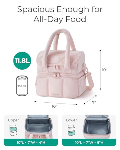 BAGSMART Lunch Bag Women, Double Deck Insulated Lunch Box, Quilted Puffer Lunch Tote, Leakproof, Durable & Reusable Large Lunch Cooler For Work Picnic Travel Meal Prep, Camel - color: Camel, size: Large(double deck)