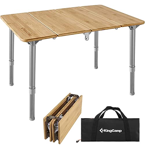 KingCamp Bamboo Folding Table Camping Table with Adjustable Height 4-Folds Compact Small Lightweight Portable Picnic Camp Table for Outdoor Backpacking Beach RV Travel Tailgating Barbecue, 1-2 People