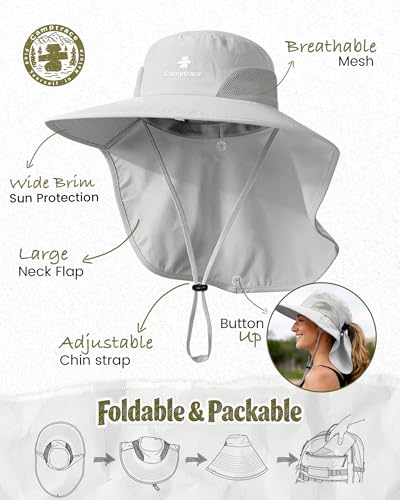 Camptrace Sun Hats for Women Men UPF 50+ UV Protection Wide Brim Hiking Fishing Hat with Neck Flap - color: Light Grey