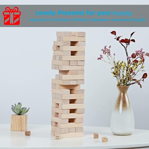 SpeedArmis Mini Tumble Tower, 54PCS Wooden Stacking Game for Teens - Pine Stack Timber Board Games with 4 Dice Set - Classic ‌Xmas Gifts for Teens - size: Stack To Over 1.5FT