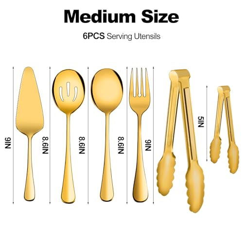 Serving Utensils, XEVOM 6-Piece Stainless Steel Serving Utensil Set Include Serving Spoon, Slotted Serving Spoon, Serving Fork,Serving Tong, Appetizers Tong,Pie Server(Gold) - color: Gold
