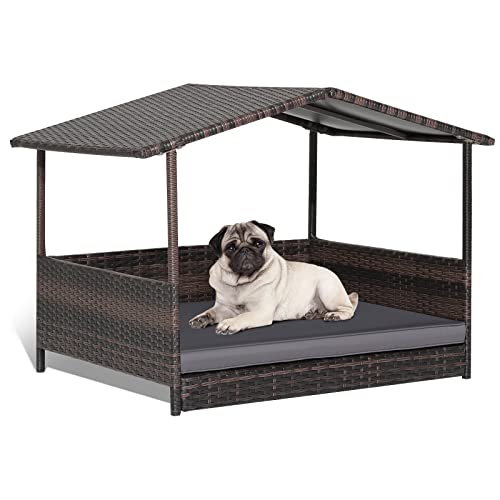 Tangkula Wicker Dog House, Indoor Outdoor Raised Rattan Dog Bed w/Removable Cushion, Washable Cover, Weatherproof Roof, Rattan Puppy Shelter w/Elevated Floor for Small Medium Dogs (Grey) - style: Grey