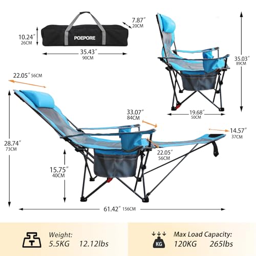 Reclining Camping Chair with Removable Footrest Lounge Chair with Headrest, Cotton Cushion, Portable Adjustable Folding Chairs - color: Blue, size: 2 pack