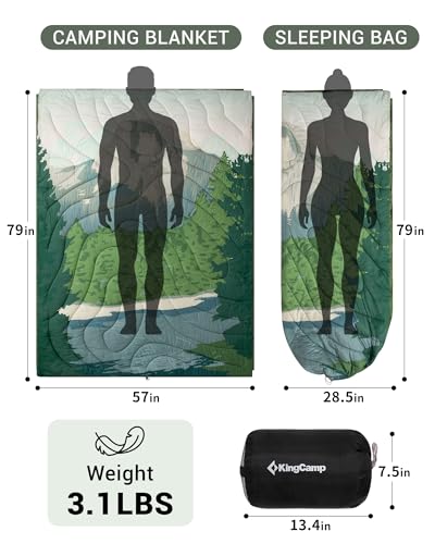 KingCamp Large Camping Blanket with Sherpa Lining, Packable Down Alternative Puffy Printed Wearable Blanket with Snap Buttons, Warm Weatherproof Quilt for Outdoor Travel (79" L x 57" W, Green) - color: Sherpa-green, size: 79" x 57"- Sherpa Fleece