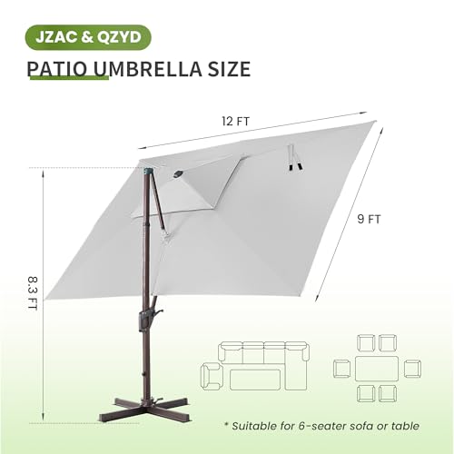 JZAC & QZYD 9x12 FT Outdoor Cantilever Patio Umbrella with LED Lights, Large Heavy Duty 2-Tier Aluminum Offset Umbrellas with 360-Degree Rotation for Pool Deck, FogGrey - color: FogGrey, size: 9'×12'
