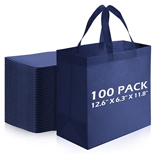 Reginary 100 PCS Reusable Totes Bags - Non Woven Grocery Handle Bags for Shop Events & Retail Store(Navy Blue) - color: Navy Blue