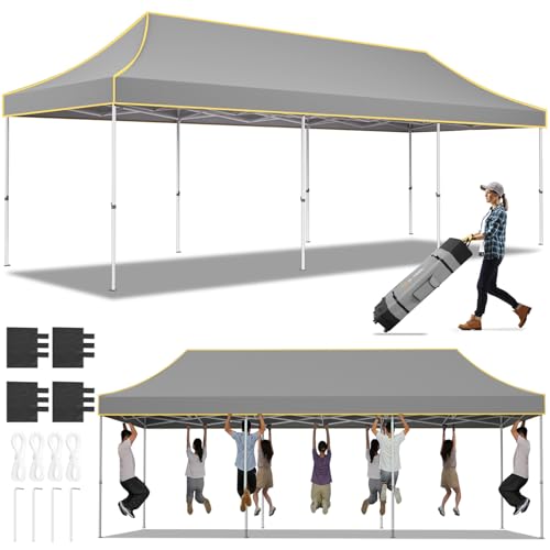 Hoteel 10x30 Pop Up Canopy Tent Heavy Duty Without Sidewalls, Waterproof Party Tent, Easy Set-up Commercial Instant Tents with Roller Bag & Sandbags, Hexagonal Leg (1-Year Warranty) - color: Gray, size: 10×30 （No Walls）