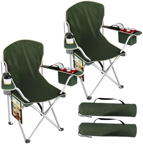 VTOY Folding Camping Chairs Durable 600D Oxford, Portable Outdoor Chair with Cooler Pouch, Cup Holder & Storage Pocket for Camping, Beach, Fishing - color: 2 Pack, Olive Green