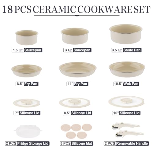 Ceramic Cookware Set - Kitchen Cookware Sets Detachable Handle Pots and Pans With Removable Handles Nonstick Frying Pans for Cooking Pot Set Nonstick Non Toxic Camping Cookware for RV Travel Gift - color: Light Brown