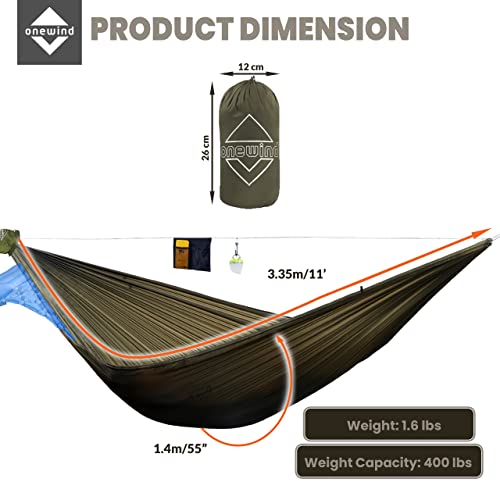 Onewind Camping Hammock, Ultralight Portable Hammock with Adjustable Ridgeline, Outdoor Hammock 20D Ripstop Nylon with 2 * 12Ft Tree Strap, Ideal for Camping, Hiking, Backpacking - color: Od Green-double Layer, size: 11' * 55"